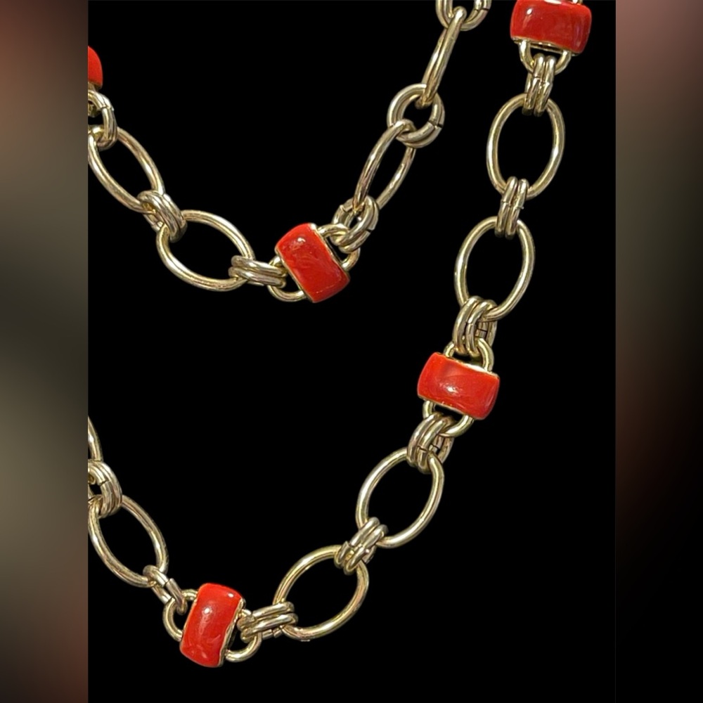 ✨ Vintage Goldtone Chain Link Necklace with Red Enamel Accents – 36 Inches ✨